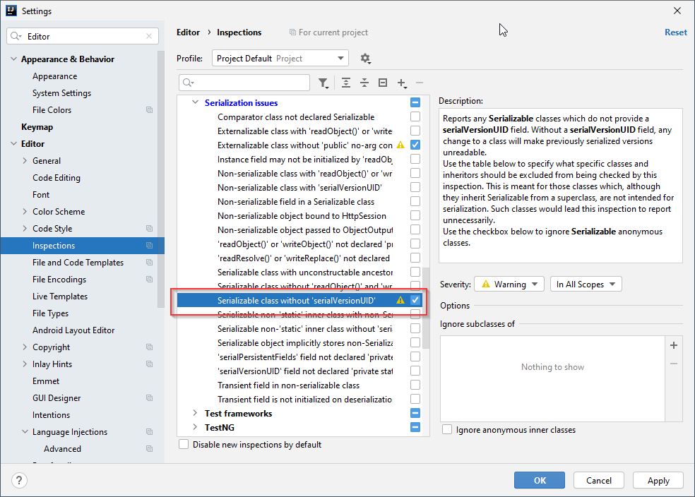 generate serialVersionUID from Settings