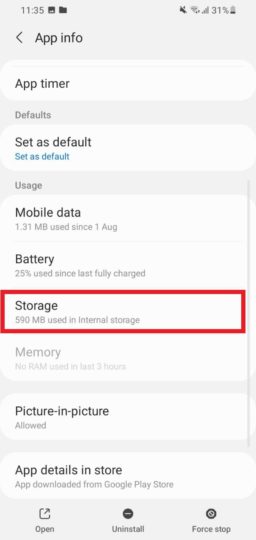 Instagram app info in settings