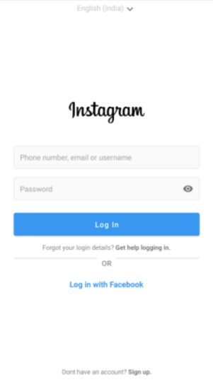 instagram account login screen