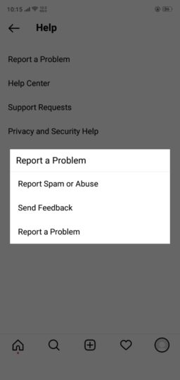 instagram report a problem screen