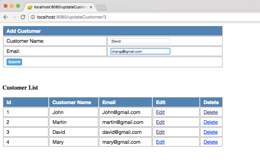 Spring Boot Hibernate Edit Customer