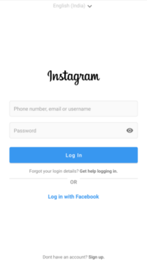 instagram account login screen 