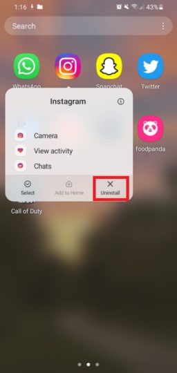 uninstall Instagram app