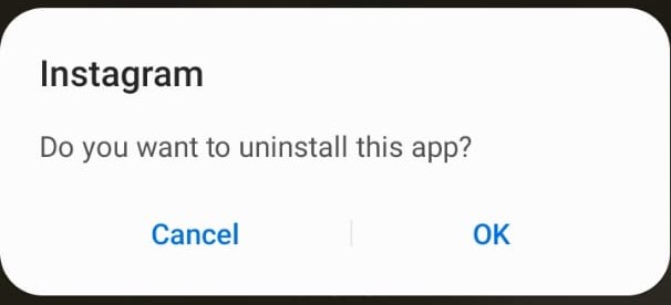 confirmation for uninstalling Instagram app