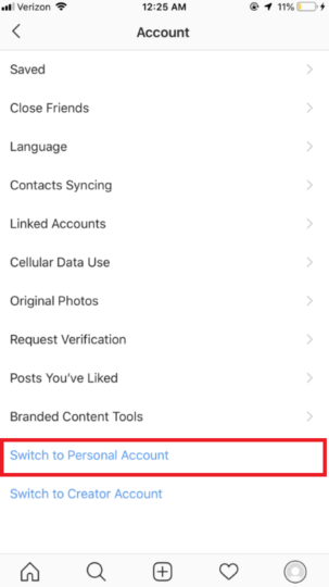 Switch to Personal Account Instagram