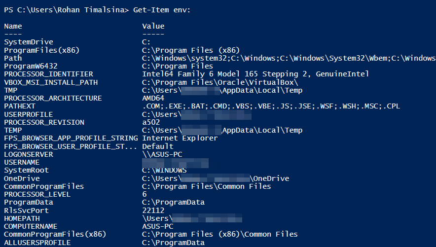 Print environment variables in PowerShell